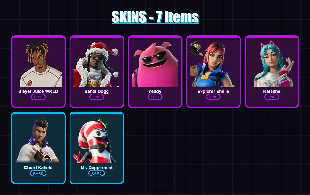 [PC/XBOX/PSN] | Slayer Juice WRLD | Santa Dogg | Yeddy | Explorer Emilie | Katalina | 7 skin | 14 pickaxe | 7 emote | 11 glider | Lv58