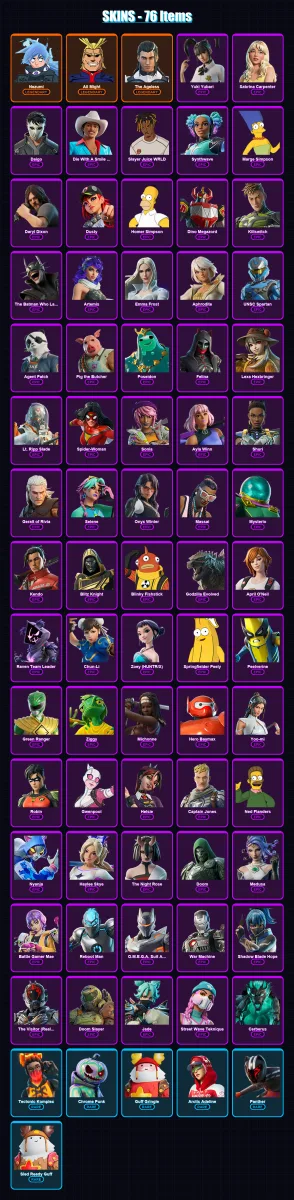 [PC/XBOX/PSN] | Nezumi | All Might | The Ageless | Yuki Yubari | Sabrina Carpenter | 76 skin | 106 pickaxe | 74 emote | 63 glider | Lv775