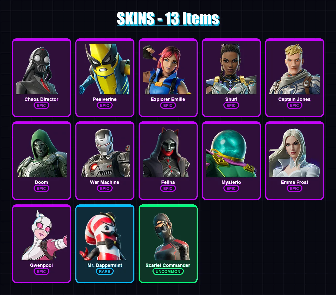 [PC/XBOX] | Chaos Director | Peelverine | Explorer Emilie | Shuri | Captain Jones | 13 skin | 19 pickaxe | 17 emote | 17 glider | Lv200