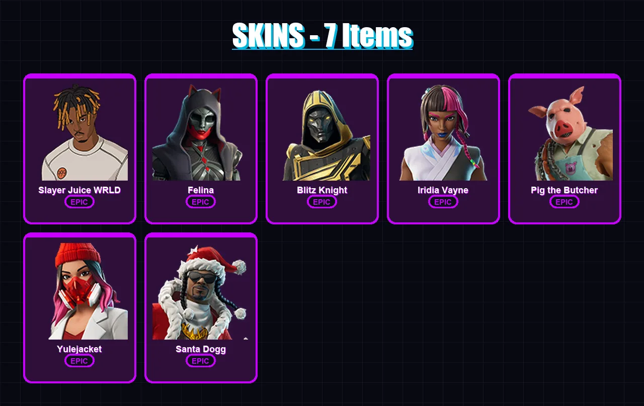 [PC/PSN] | Slayer Juice WRLD | Felina | Blitz Knight | Iridia Vayne | Pig the Butcher | 7 skin | 51 pickaxe | 19 emote | 27 glider | Lv439