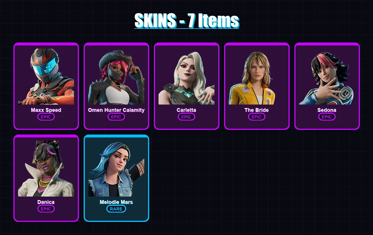 [PC/PSN] | Maxx Speed | Omen Hunter Calamity | Carletta | The Bride | Sedona | 7 skin | 6 pickaxe | 5 emote | 5 glider | Lv25
