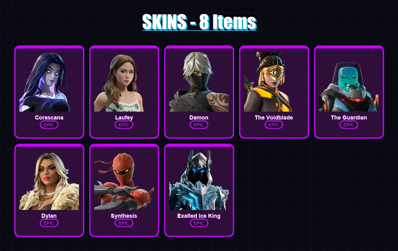 [PC/PSN] | Corascana | Laufey | Damon | The Voidblade | The Guardian | 8 skin | 5 pickaxe | 1 emote | 3 glider | Lv3