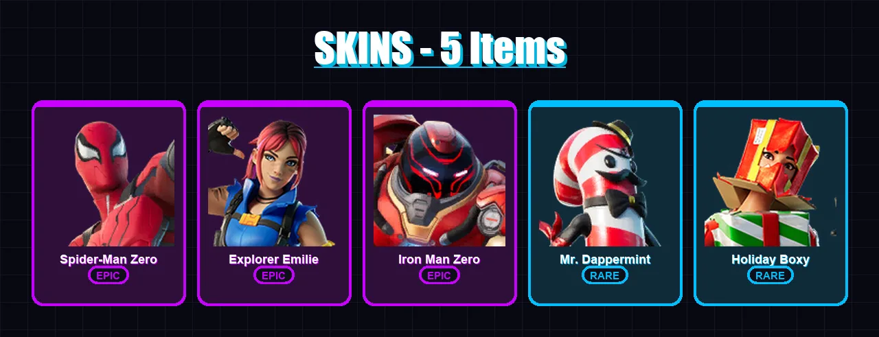 [PC/XBOX/PSN] | Spider-Man Zero | Explorer Emilie | Iron Man Zero | Mr. Dappermint | Holiday Boxy | 5 skin | 5 pickaxe | 3 emote | 4 glider | Lv30