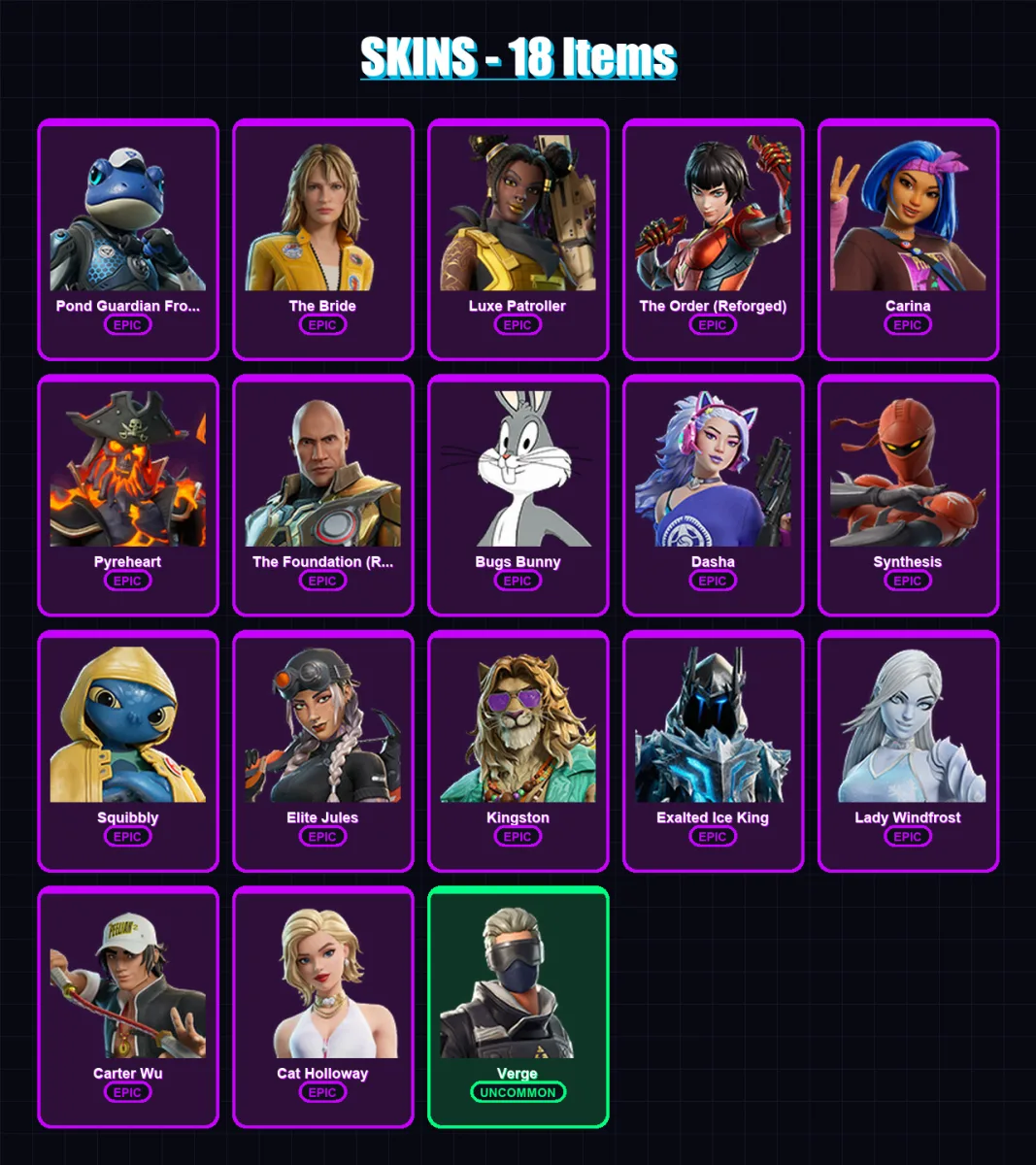 [PC/XBOX] | Pond Guardian Froggory | The Bride | Luxe Patroller | The Order (Reforged) | Carina | 18 skin | 33 pickaxe | 22 emote | 25 glider | Lv28