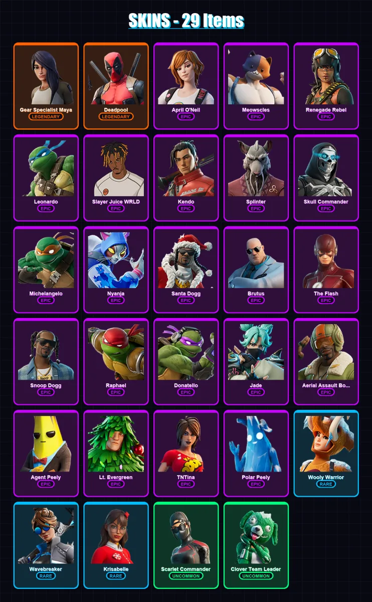 [PC/XBOX/PSN] | Gear Specialist Maya | Deadpool | April O'Neil | Meowscles | Renegade Rebel | 29 skin | 45 pickaxe | 44 emote | 36 glider | Lv370
