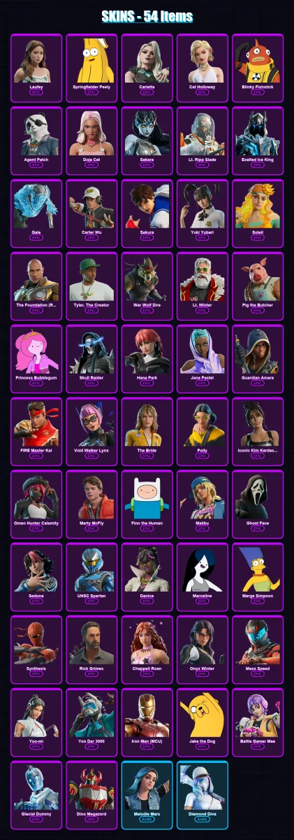 [PC/XBOX/PSN] | Laufey | Springfielder Peely | Carletta | Cat Holloway | Blinky Fishstick | 54 skin | 63 pickaxe | 41 emote | 29 glider | Lv219