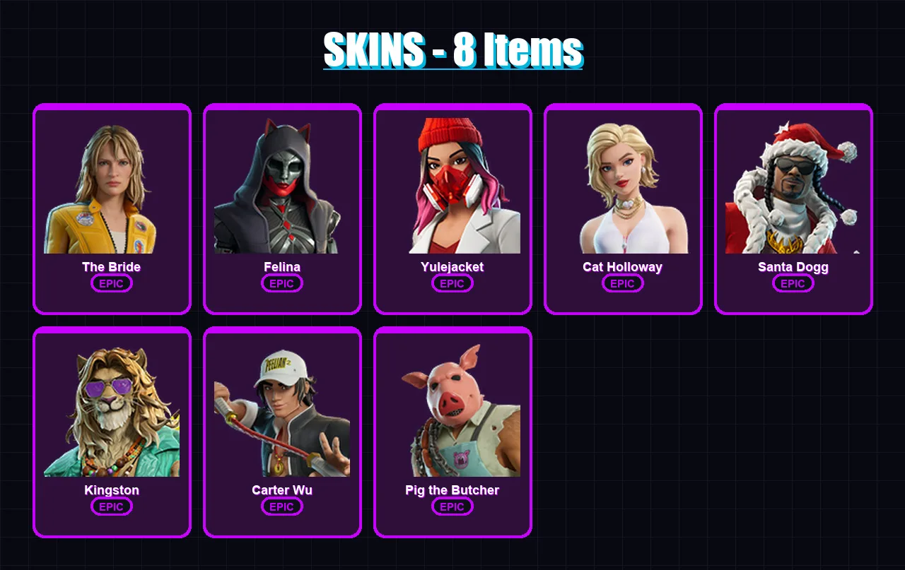 [PC/XBOX/PSN] | The Bride | Felina | Yulejacket | Cat Holloway | Santa Dogg | 8 skin | 46 pickaxe | 24 emote | 37 glider | Lv441