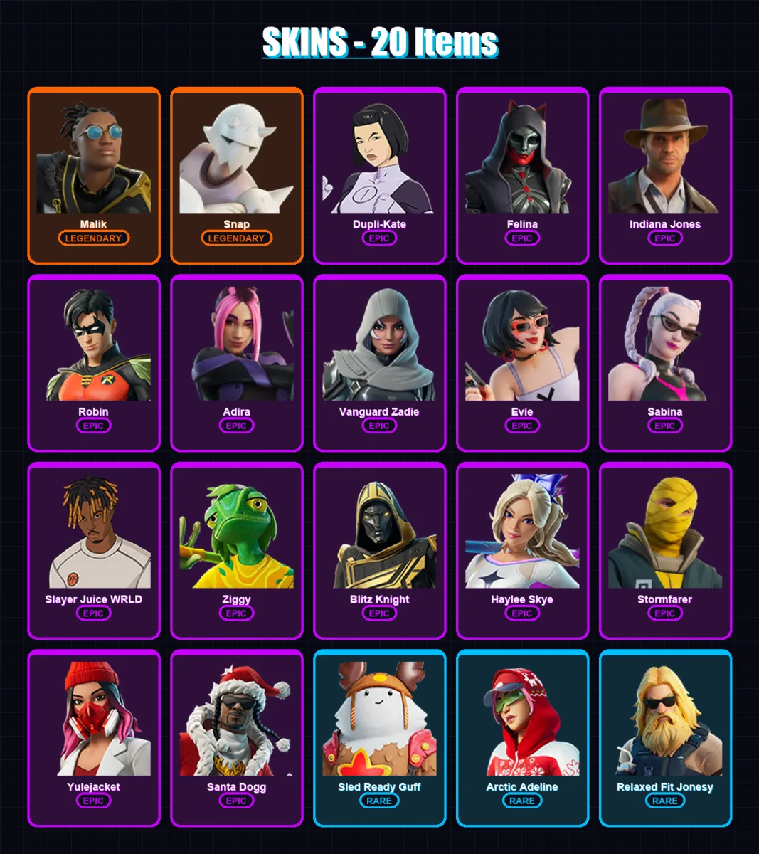 [SWITCH/XBOX/PSN/PC] | Malik | Snap | Dupli-Kate | Felina | Indiana Jones | 20 skin | 54 pickaxe | 26 emote | 39 glider | Lv653