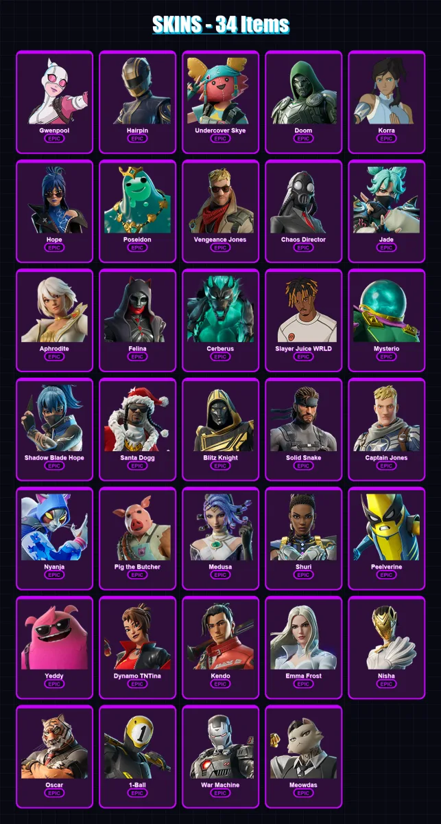 [PS4/PS5/PC] | Gwenpool | Hairpin | Undercover Skye | Doom | Korra | 34 skin | 78 pickaxe | 46 emote | 52 glider | Lv698