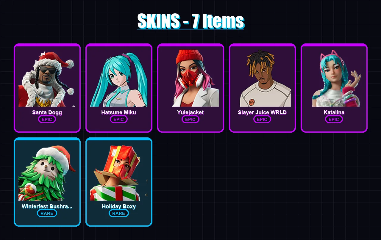 [PC/XBOX/PSN] | Santa Dogg | Hatsune Miku | Yulejacket | Slayer Juice WRLD | Katalina | 7 skin | 23 pickaxe | 5 emote | 12 glider | Lv192