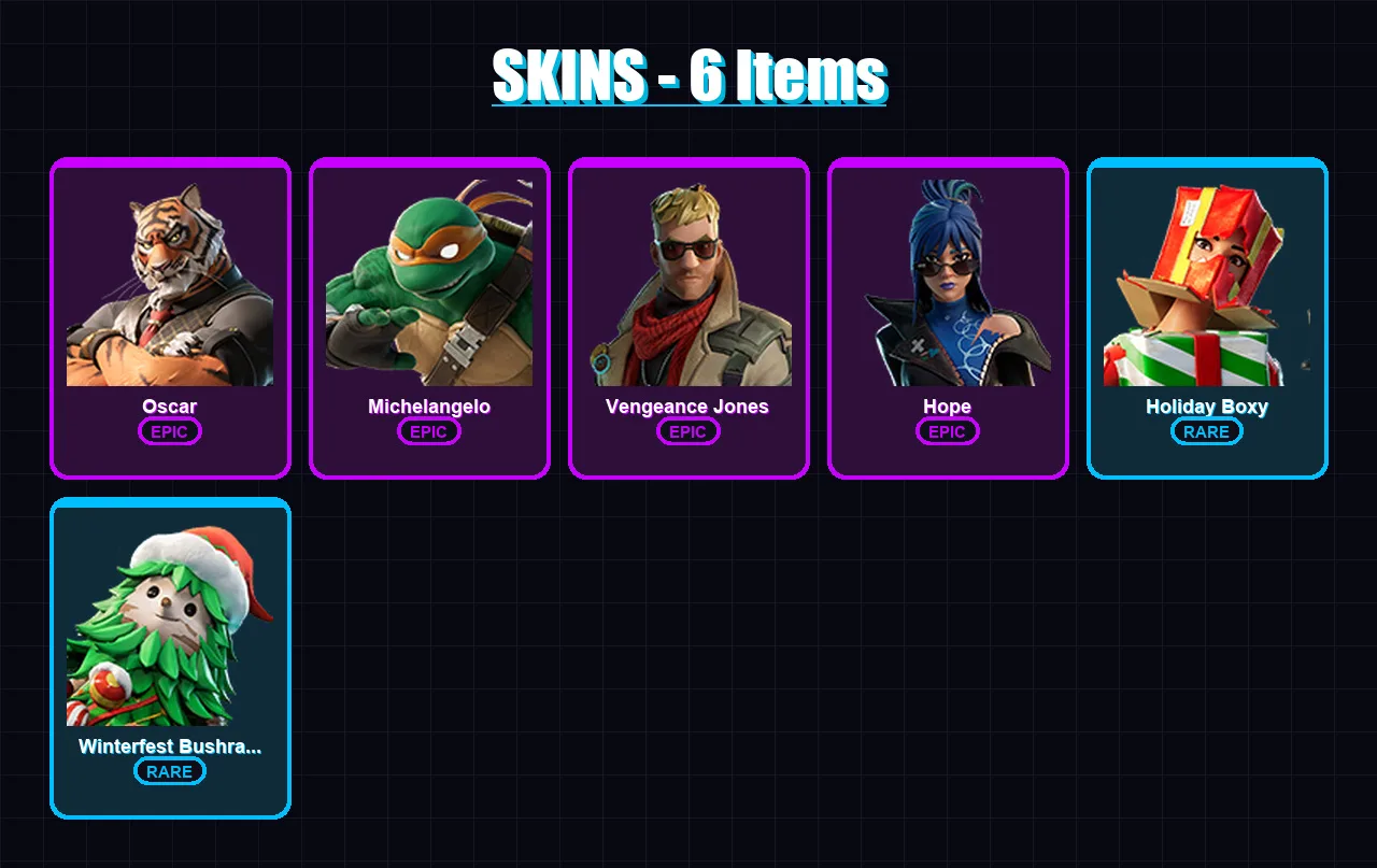 [PC/XBOX/PSN] | Oscar | Michelangelo | Vengeance Jones | Hope | Holiday Boxy | 6 skin | 7 pickaxe | 4 emote | 8 glider | Lv46