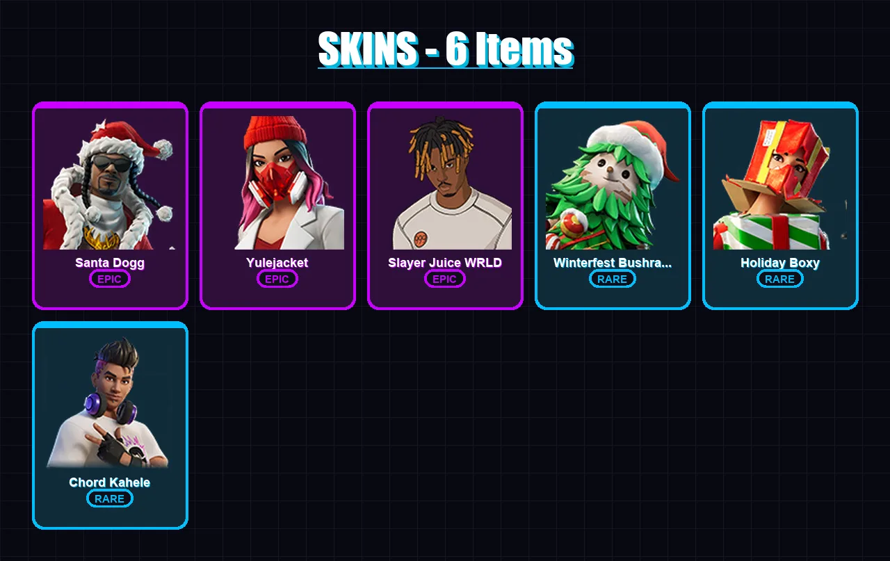 [PC/XBOX/PSN] | Santa Dogg | Yulejacket | Slayer Juice WRLD | Winterfest Bushranger | Holiday Boxy | 6 skin | 14 pickaxe | 5 emote | 11 glider | Lv1