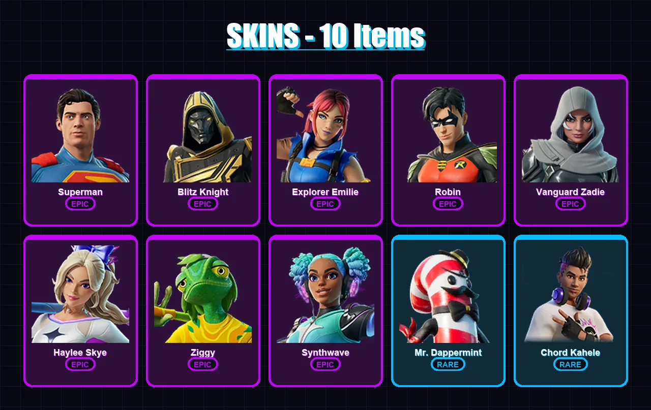 [PC/XBOX/PSN] | Superman | Blitz Knight | Explorer Emilie | Robin | Vanguard Zadie | 10 skin | 39 pickaxe | 16 emote | 34 glider | Lv475