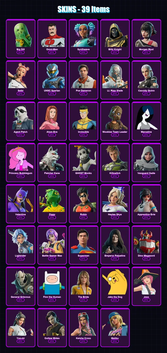[PC/XBOX/PSN] | Big Dill | Omni-Man | Synthwave | Blitz Knight | Morgan Myst | 39 skin | 61 pickaxe | 37 emote | 40 glider | Lv375 — Fortnite account