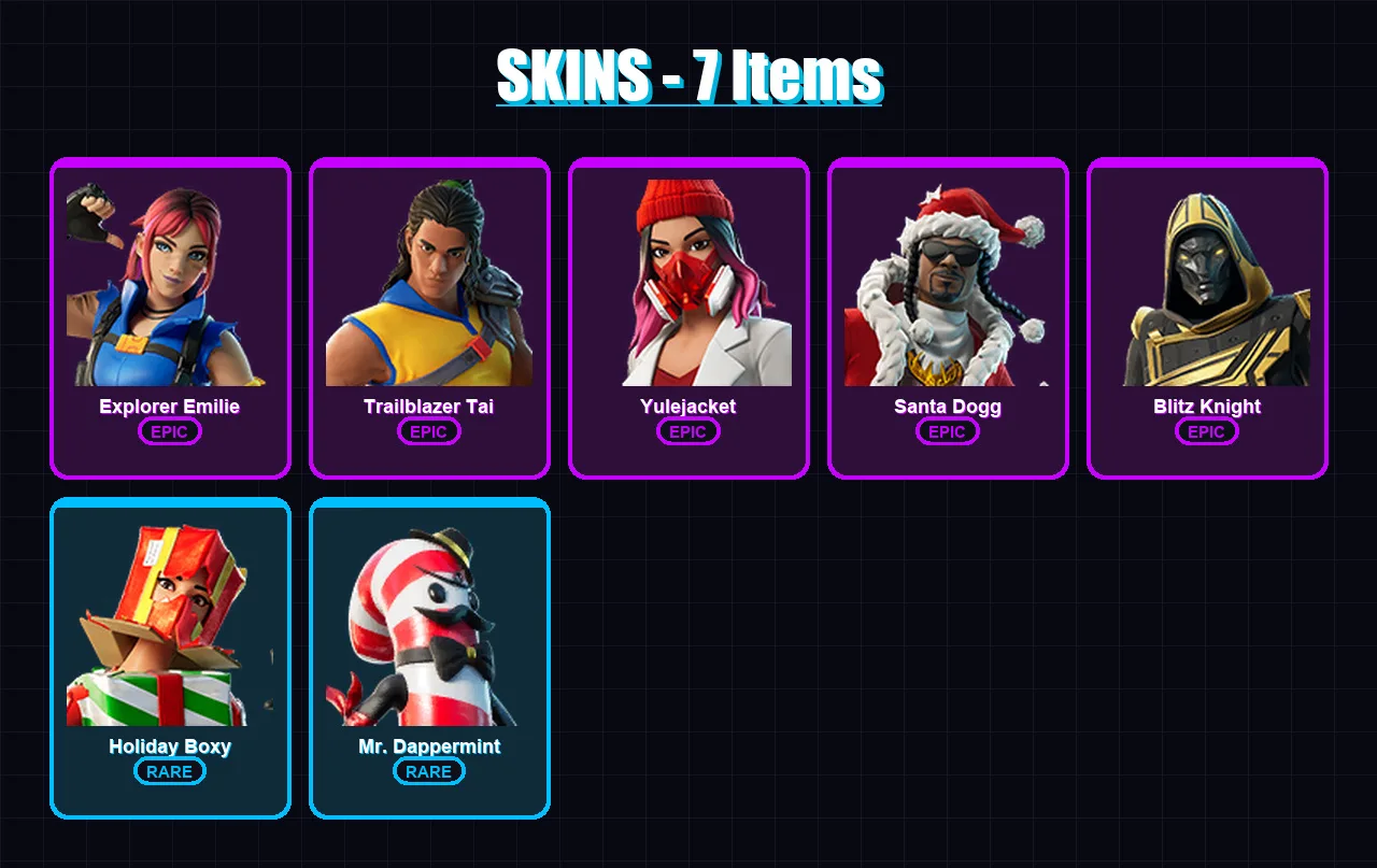 [PC/XBOX/PSN] | Explorer Emilie | Trailblazer Tai | Yulejacket | Santa Dogg | Blitz Knight | 7 skin | 29 pickaxe | 11 emote | 25 glider | Lv217