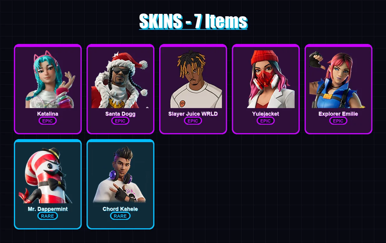 [PC/XBOX/PSN] | Katalina | Santa Dogg | Slayer Juice WRLD | Yulejacket | Explorer Emilie | 7 skin | 29 pickaxe | 15 emote | 23 glider | Lv238