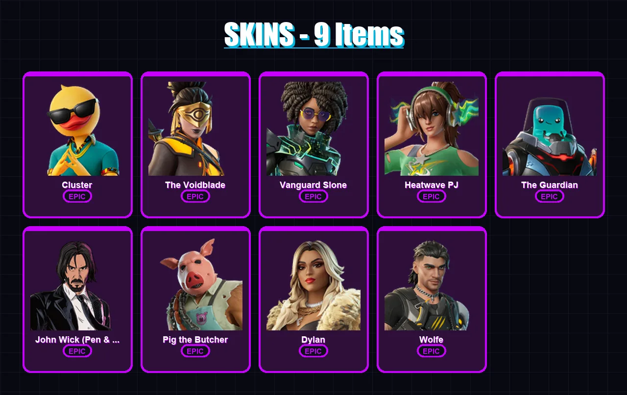 [PC/XBOX/PSN] | Cluster | The Voidblade | Vanguard Slone | Heatwave PJ | The Guardian | 9 skin | 35 pickaxe | 18 emote | 28 glider | Lv313