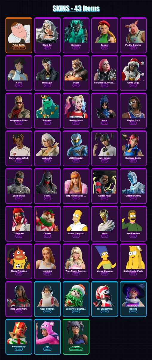[PC/PSN] | Peter Griffin | Black Cat | Cerberus | Cammy | Pig the Butcher | 43 skin | 89 pickaxe | 51 emote | 54 glider | Lv703