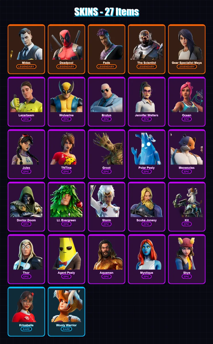 [PS4/PS5/XBOX/PC] | Midas | Deadpool | Fade | The Scientist | Gear Specialist Maya | 27 skin | 42 pickaxe | 44 emote | 42 glider | Lv768 — Fortnite account