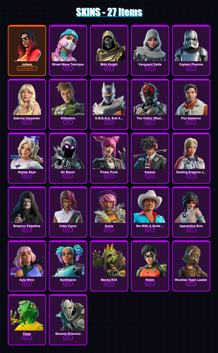 [PC/XBOX/PSN] | Joltara | Street Wave Teknique | Blitz Knight | Vanguard Zadie | Captain Phasma | 27 skin | 38 pickaxe | 27 emote | 25 glider | Lv30