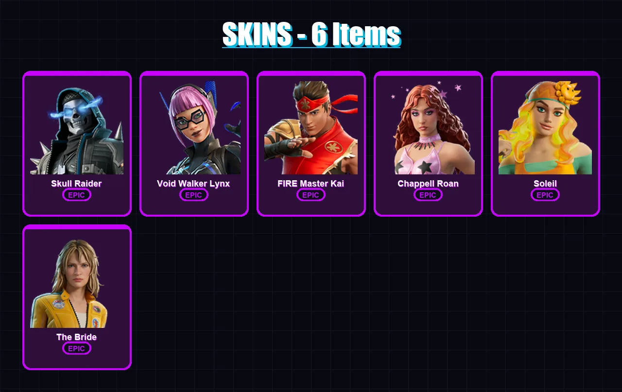 [PC/XBOX/PSN] | Skull Raider | Void Walker Lynx | FIRE Master Kai | Chappell Roan | Soleil | 6 skin | 5 pickaxe | 4 emote | 1 glider | Lv11