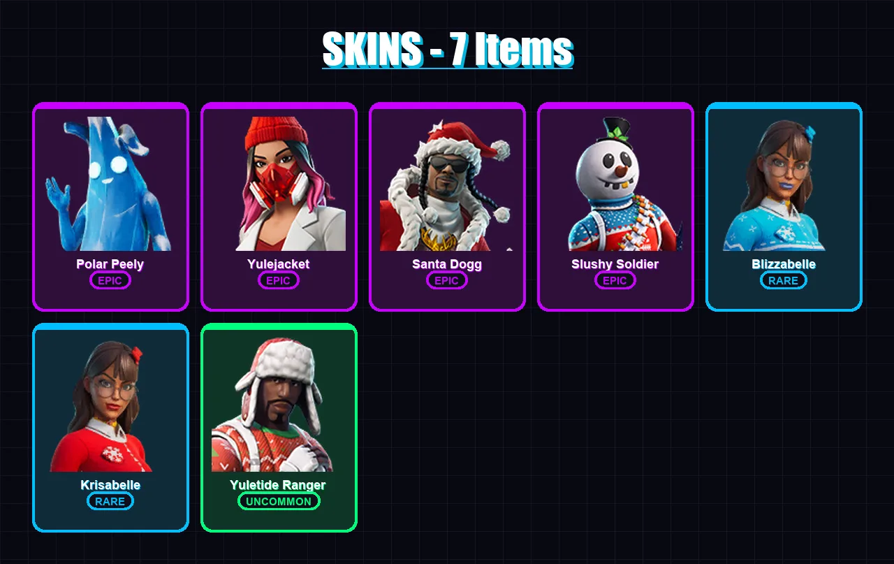[PC/XBOX/PSN] | Polar Peely | Yulejacket | Santa Dogg | Slushy Soldier | Blizzabelle | 7 skin | 19 pickaxe | 12 emote | 16 glider | Lv200