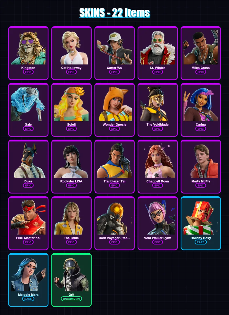 [PC/XBOX/PSN] | Kingston | Cat Holloway | Carter Wu | Lt. Winter | Miles Cross | 22 skin | 25 pickaxe | 17 emote | 17 glider | Lv192