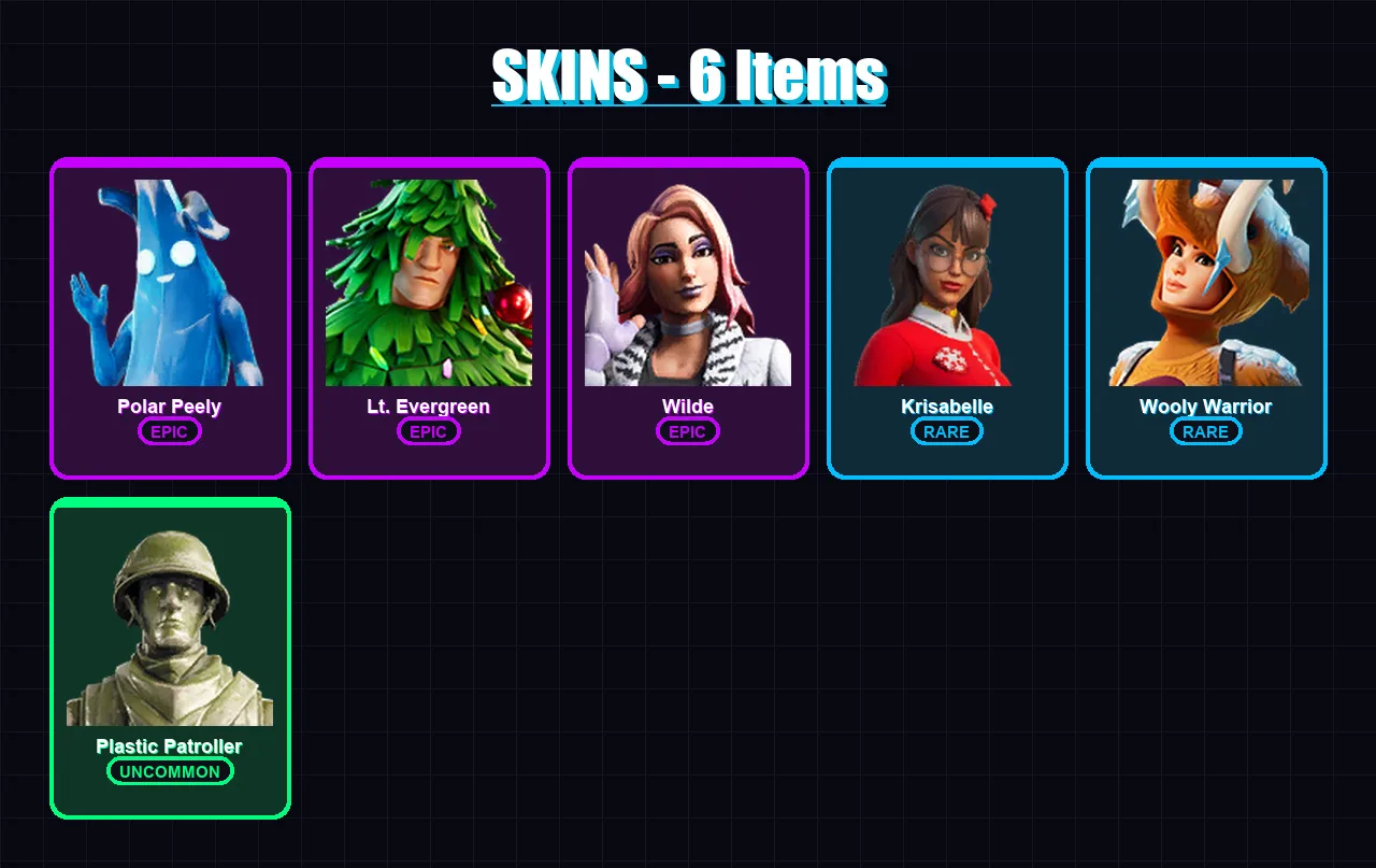 [SWITCH/XBOX/PSN/PC] | Polar Peely | Lt. Evergreen | Wilde | Krisabelle | Wooly Warrior | 6 skin | 10 pickaxe | 13 emote | 14 glider | Lv228