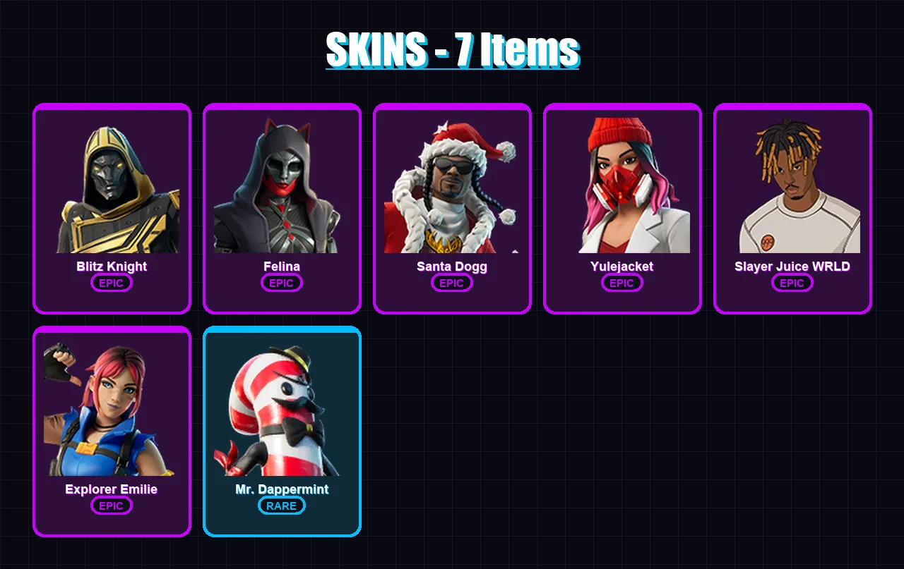 [PC/PSN] | Blitz Knight | Felina | Santa Dogg | Yulejacket | Slayer Juice WRLD | 7 skin | 41 pickaxe | 19 emote | 31 glider | Lv393