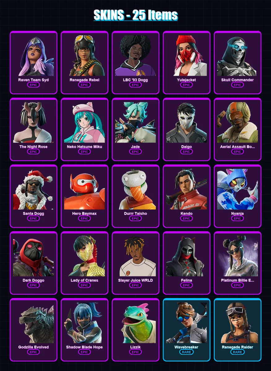 [PC/PSN] | Raven Team Syd | Renegade Rebel | LBC '93 Dogg | Yulejacket | Skull Commander | 25 skin | 42 pickaxe | 25 emote | 22 glider | Lv266