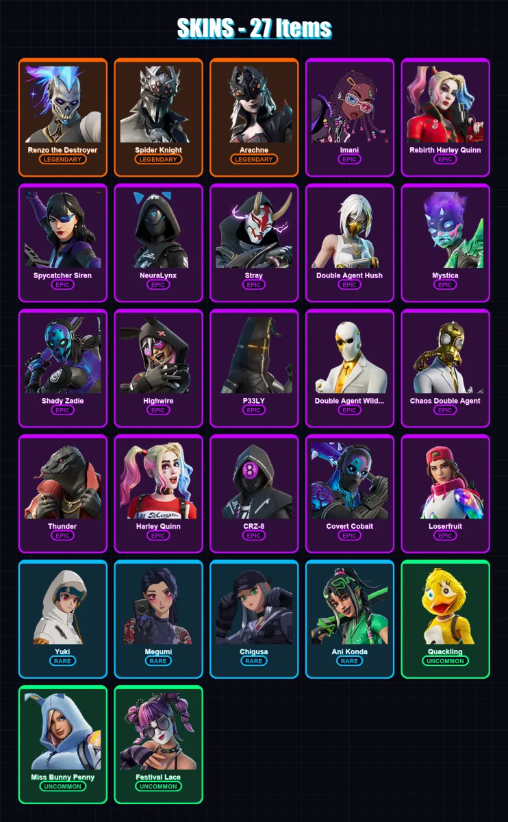 [PS4/PS5/XBOX/PC] | Renzo the Destroyer | Spider Knight | Arachne | Imani | Rebirth Harley Quinn | 27 skin | 18 pickaxe | 7 emote | 10 glider | Lv88 — Fortnite account