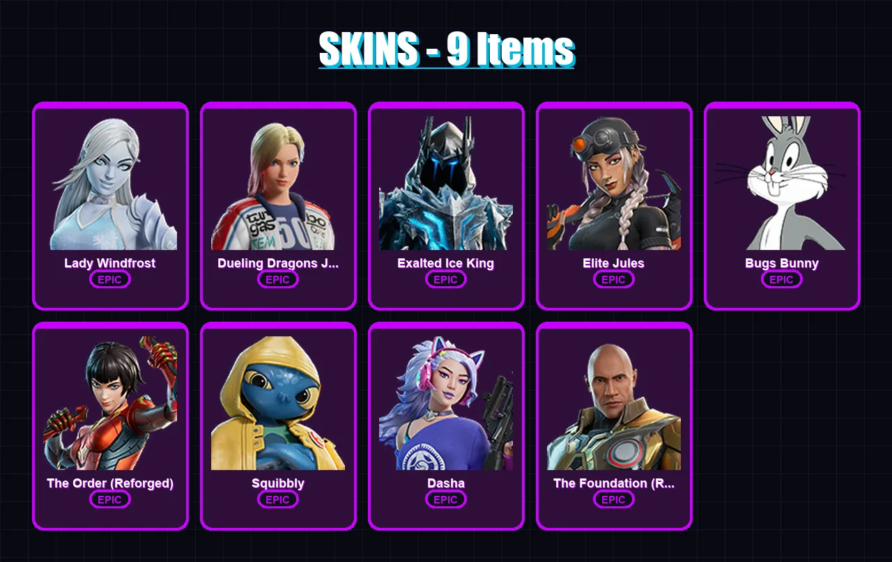 [PC/XBOX/PSN] | Lady Windfrost | Dueling Dragons Jackie | Exalted Ice King | 9 skin | Lv135