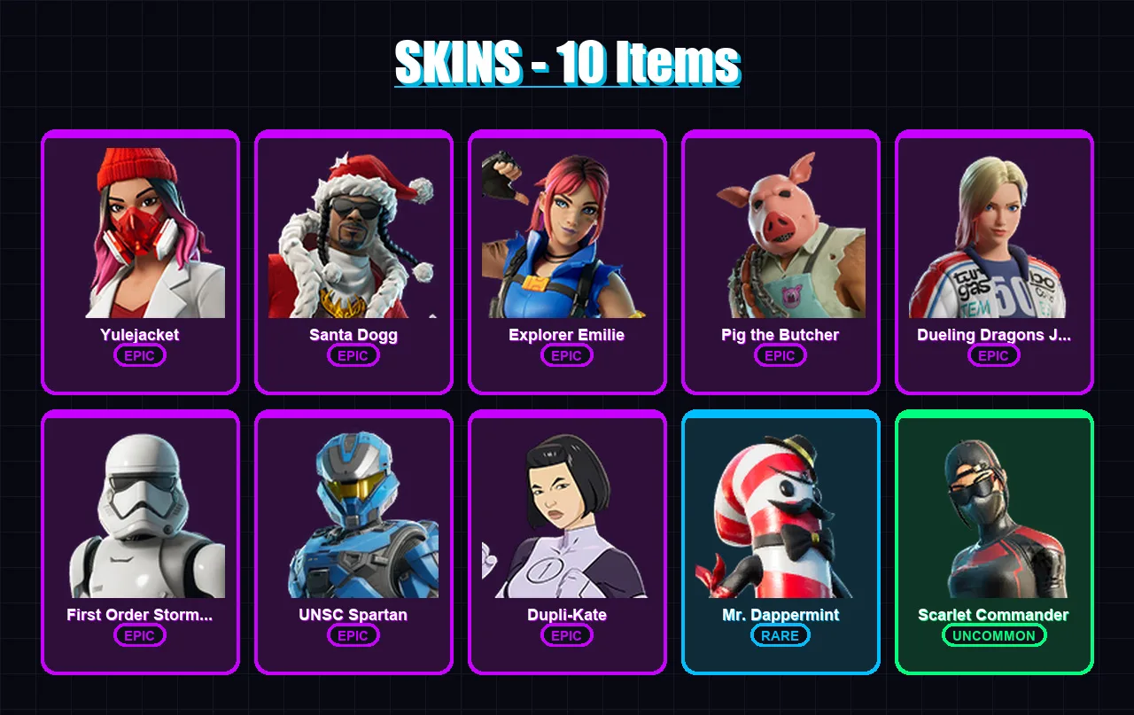 [PC/PSN] | Yulejacket | Santa Dogg | Explorer Emilie | Pig the Butcher | Dueling Dragons Jackie | 10 skin | 58 pickaxe | 25 emote | 38 glider | Lv80