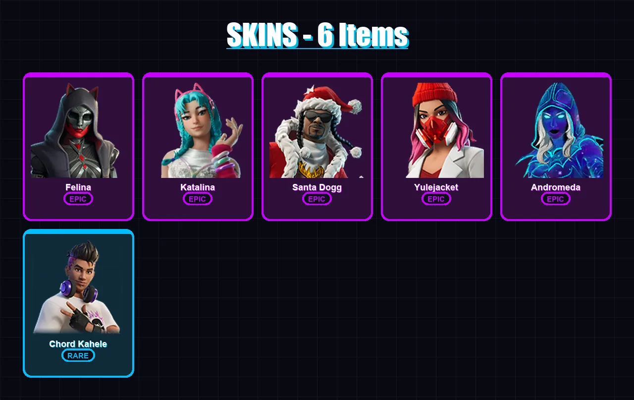 [PC/XBOX/PSN] | Felina | Katalina | Santa Dogg | Yulejacket | Andromeda | 6 skin | 22 pickaxe | 11 emote | 12 glider | Lv217