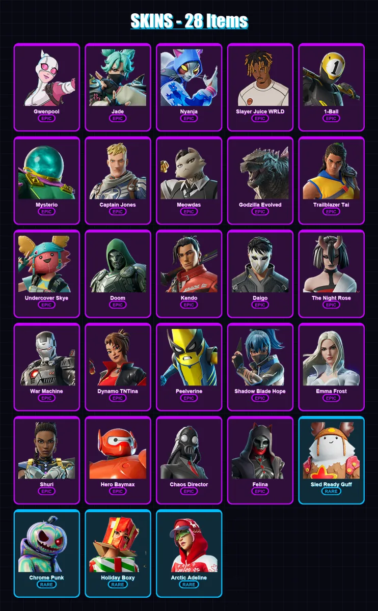 [PC/XBOX/PSN] | Gwenpool | Jade | Nyanja | Slayer Juice WRLD | 1-Ball | 28 skin | 60 pickaxe | 34 emote | 52 glider | Lv655