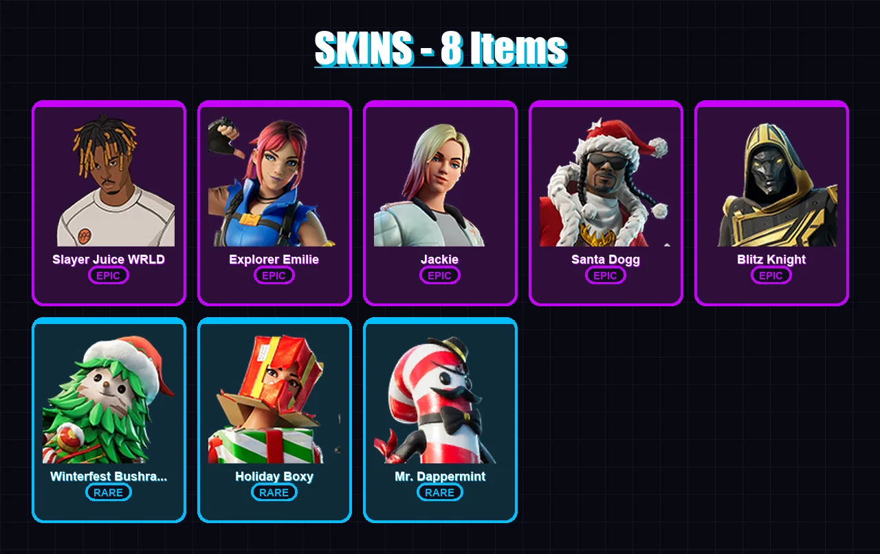 [PC/XBOX] | Slayer Juice WRLD | Explorer Emilie | Jackie | Santa Dogg | Blitz Knight | 8 skin | 51 pickaxe | 20 emote | 36 glider | Lv523