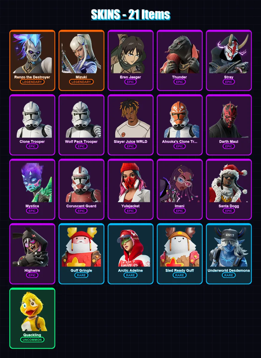 [PC/PSN] | Renzo the Destroyer | Mizuki | Eren Jaeger | Thunder | Stray | 21 skin | 32 pickaxe | 22 emote | 33 glider | Lv394