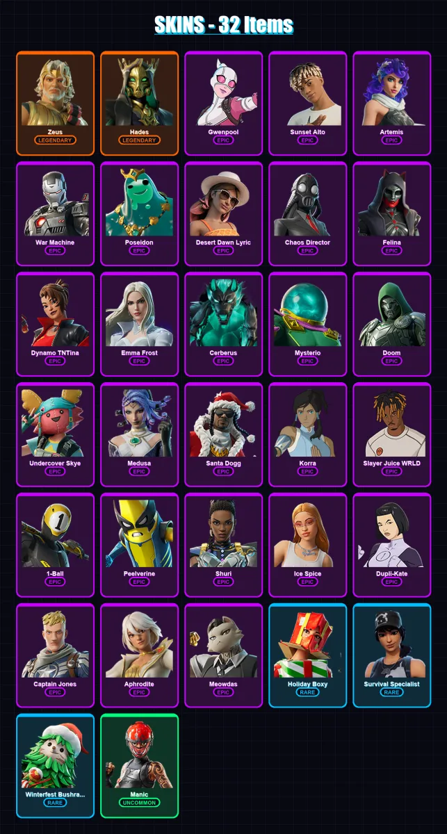 [PC/XBOX/PSN] | Zeus | Hades | Gwenpool | Sunset Alto | Artemis | 32 skin | 68 pickaxe | 42 emote | 53 glider | Lv1003