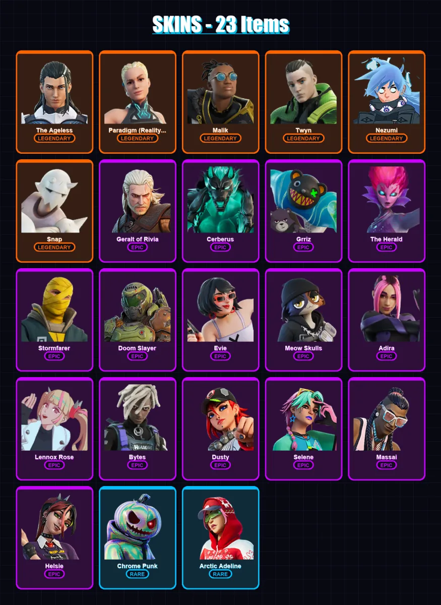 [PC/PSN] | The Ageless | Paradigm (Reality-659) | Malik | Twyn | Nezumi | 23 skin | 42 pickaxe | 23 emote | 39 glider | Lv477 — Fortnite account