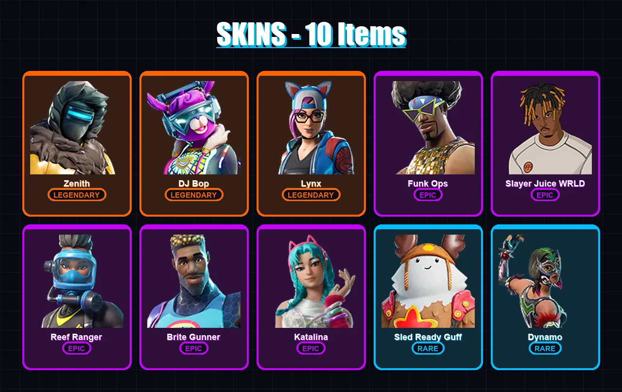 [PC/PSN] | Zenith | DJ Bop | Lynx | Funk Ops | Slayer Juice WRLD | 10 skin | 10 pickaxe | 10 emote | 5 glider | Lv67