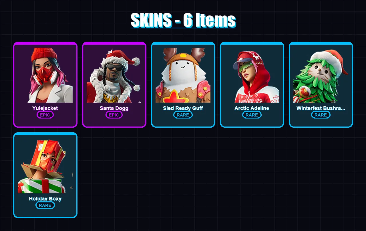[PC/PSN] | Yulejacket | Santa Dogg | Sled Ready Guff | Arctic Adeline | Winterfest Bushranger | 6 skin | 15 pickaxe | 9 emote | 13 glider | Lv109