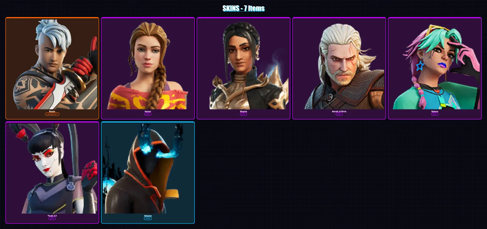 [PC/XBOX/PSN] | Ronin | Haven | Shanta | Geralt of Rivia | Selene | 7 skin | 10 pickaxe | 9 emote | 12 glider | Lv126