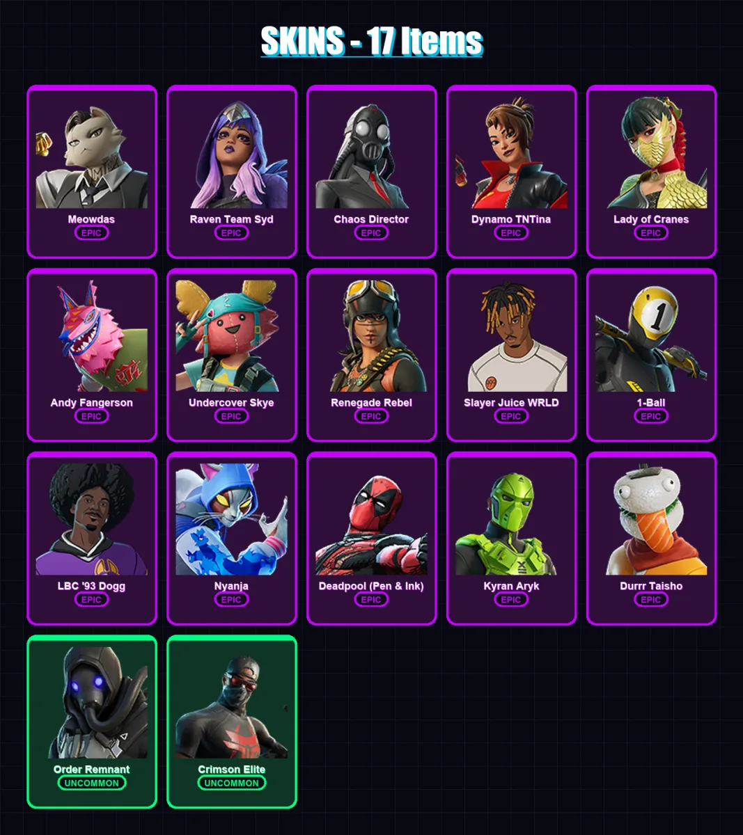 [PC/XBOX/PSN] | Meowdas | Raven Team Syd | Chaos Director | Dynamo TNTina | Lady of Cranes | 17 skin | 19 pickaxe | 15 emote | 8 glider | Lv55 — Fortnite account