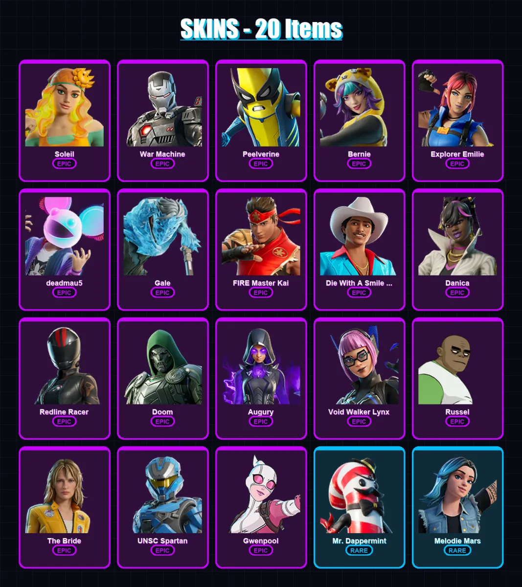 [PC/XBOX] | Soleil | War Machine | Peelverine | Bernie | Explorer Emilie | 20 skin | 28 pickaxe | 20 emote | 19 glider | Lv121