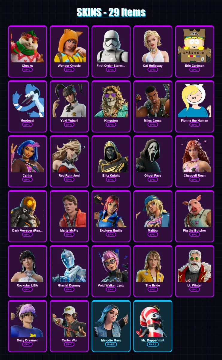 [PC/XBOX/PSN] | Cheeks | Wonder Onesie | First Order Stormtrooper | Cat Holloway | Eric Cartman | 29 skin | 54 pickaxe | 38 emote | 34 glider | Lv37