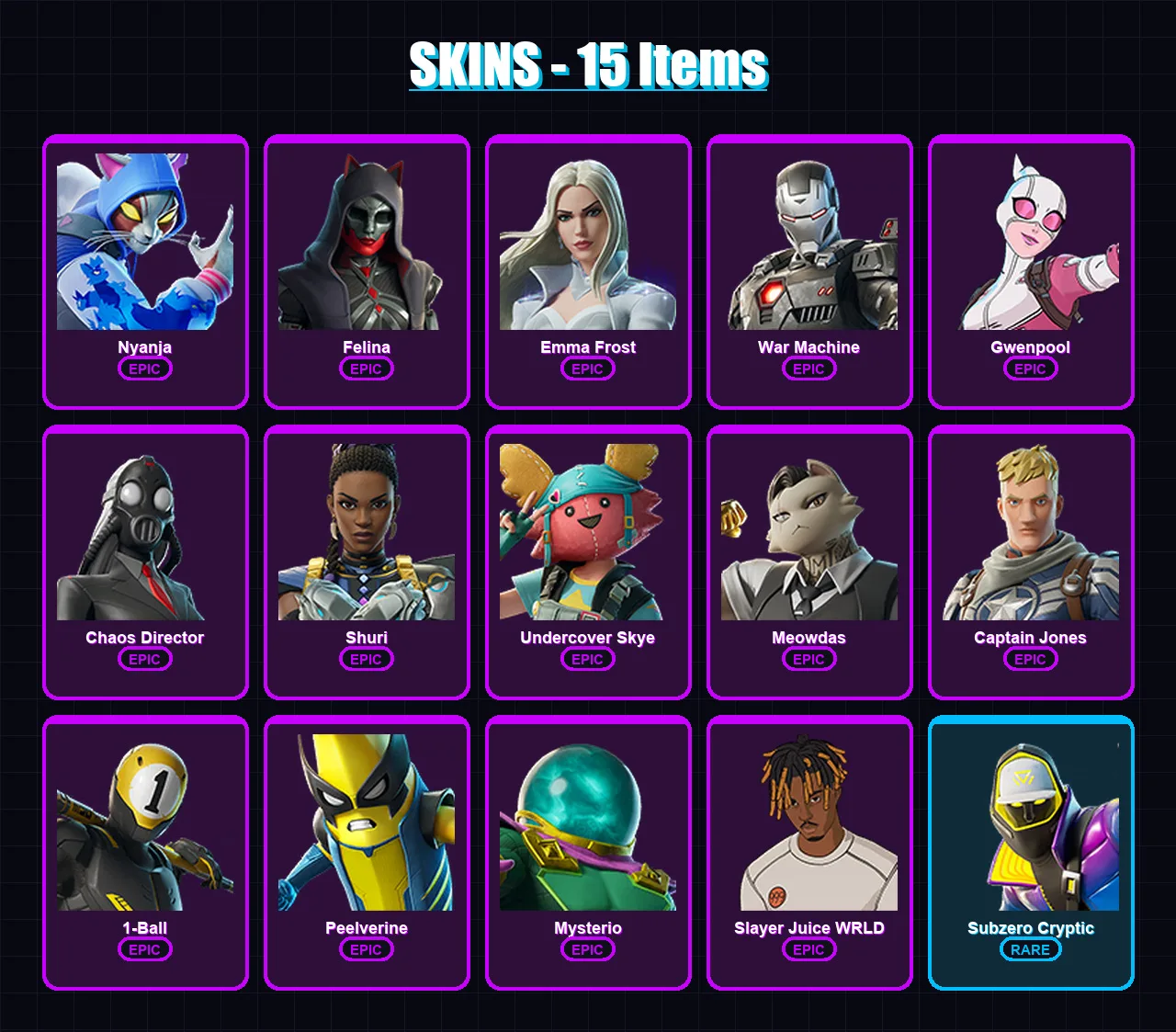 [PC/XBOX] | Nyanja | Felina | Emma Frost | War Machine | Gwenpool | 15 skin | 28 pickaxe | 29 emote | 21 glider | Lv260