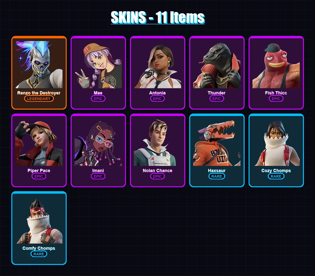 [PC/XBOX] | Renzo the Destroyer | Mae | Antonia | Thunder | Fish Thicc | 11 skin | 18 pickaxe | 13 emote | 15 glider | Lv167