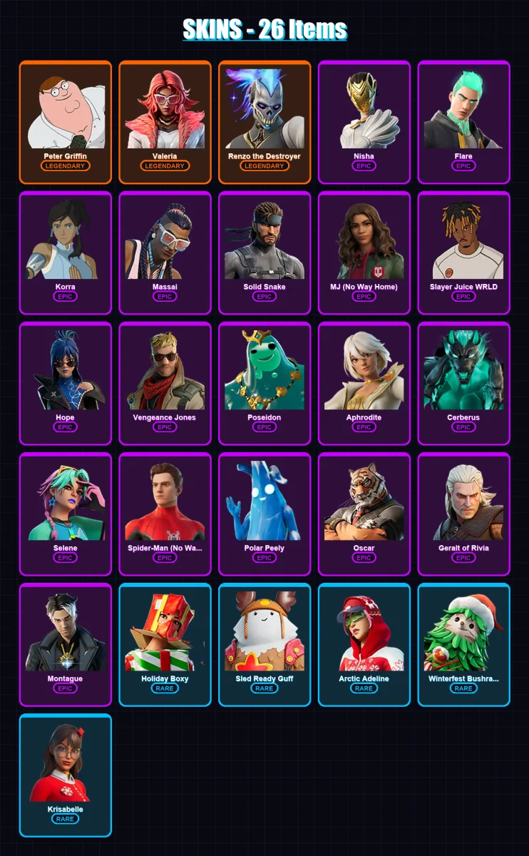 [PC/PSN] | Peter Griffin | Valeria | Renzo the Destroyer | Nisha | Flare | 26 skin | 47 pickaxe | 27 emote | 29 glider | Lv414