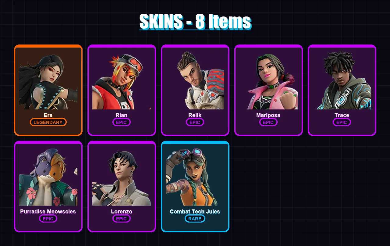 [PC/XBOX/PSN] | Era | Rian | Relik | Mariposa | Trace | 8 skin | 17 pickaxe | 11 emote | 18 glider | Lv200