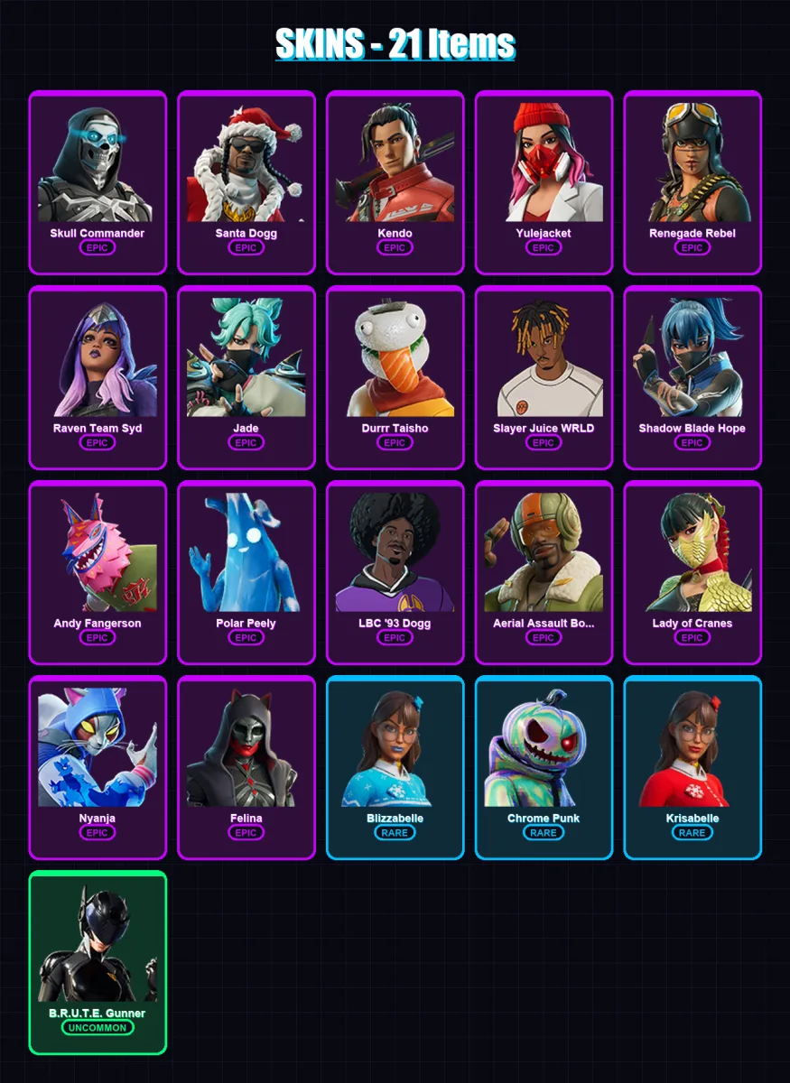 [PC/XBOX/PSN] | Skull Commander | Santa Dogg | Kendo | Yulejacket | Renegade Rebel | 21 skin | 56 pickaxe | 33 emote | 44 glider | Lv728